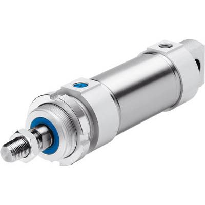 Metallischer pneumatischer Zylinder, zylindrische Form, silberne Oberfläche, Schraube am vorderen Ende. Hauptkomponente in Maschinen.