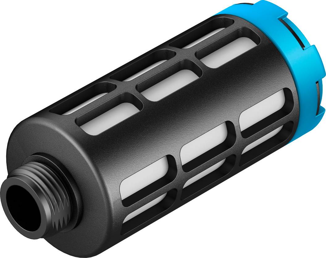 Schwarzer zylindrischer Filter mit blauem Ende, offenem Gitterdesign und Gewindeanschluss.