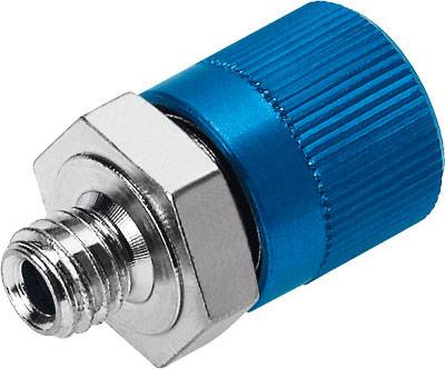 Ein blauer Schraubadapter mit silbernen Metallgewinden, geeignet für Rohr- oder Schlauchverbindungen in technischen Anwendungen.