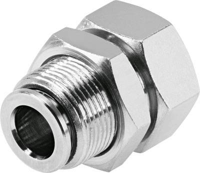Metallfitting in Chromoptik mit Außengewinde, für Rohrverbindungen. Sechskantmutter für festen Halt.