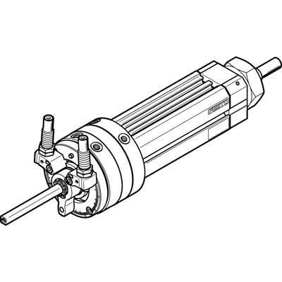 Technische Zeichnung eines hydraulischen Zylinders mit detaillierten Komponenten und Anschlüssen zur Kraftübertragung.