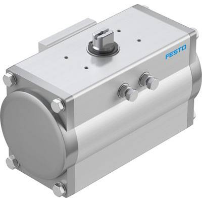 Silberner pneumatischer Antrieb mit Festo-Logo, zwei Ventilanschlüssen und mechanischem Rotationsanschluss oben. Ideal für industrielle Anwendungen.