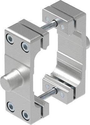 Metallische Klemme mit zwei parallel angeordneten Schrauben, geeignet für feste Verbindungen in technischen Anwendungen.