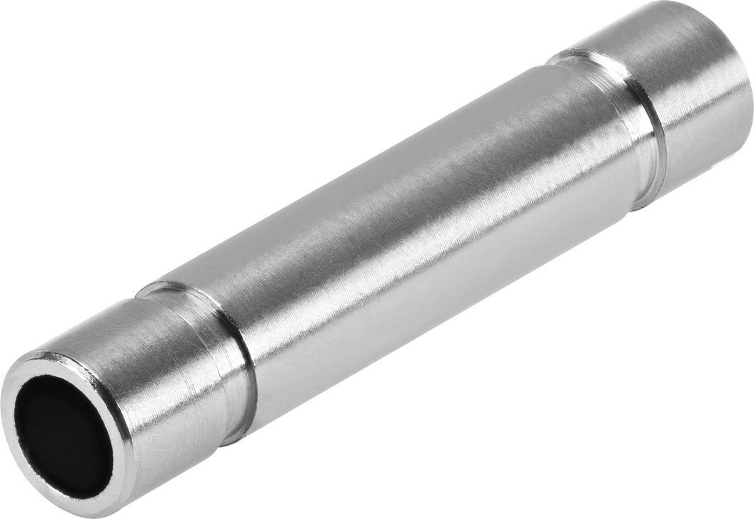 Ein zylindrisches Metallrohr in Silberoptik, liegend.