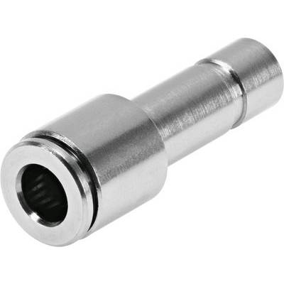 Silberner Metallstecker mit zylindrischer Form und einem zentralen Loch, verwendet für technische Anwendungen.