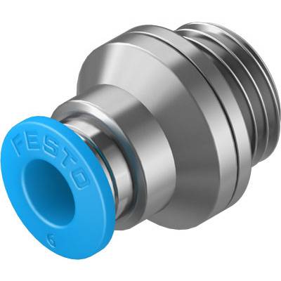 Metallischer Fitting mit blauer Endkappe, Aufschrift 'Festo'. Verbindungsstück für pneumatische Systeme, robust und langlebig.