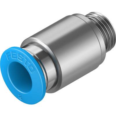 Ein Metallzylinder mit blauer Kunststoffkappe und dem Schriftzug 'FESTO' auf der Kappe. Es handelt sich um eine pneumatische Komponente.