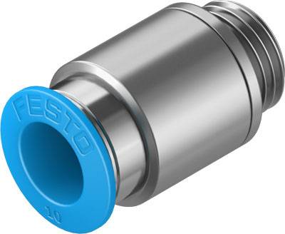 Metallischer Pneumatik-Steckanschluss mit blauer Kunststoffabdichtung, zylindrische Form, geeignet für Druckluftanwendungen.