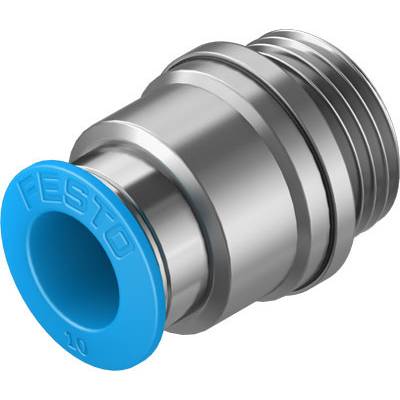 Ein metallischer Druckluftanschluss mit einem blauen Kunststoffring, auf dem 'FESTO' steht.