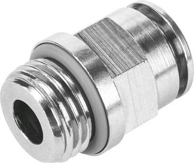 Metallischer Steckanschluss als Pneumatikbauteil mit geriffelter Oberfläche, häufig verwendet für Druckluftsysteme.