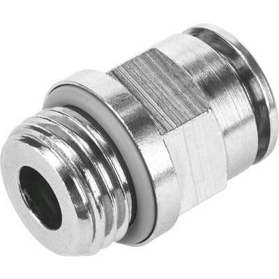 Ein silberfarbener Metallstecker, möglicherweise ein Druckluft-Schnellverschluss, mit runder Öffnung und Gewindeumrandung.