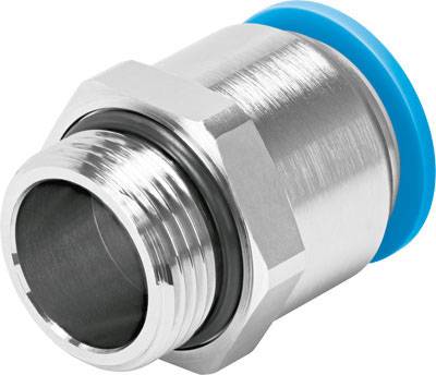 Metallverschraubung mit blauem Kunststoffring, geeignet für Rohre oder Schläuche, zur sicheren Verbindung in hydraulischen Systemen.