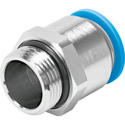 Metallverschraubung mit blauem Kunststoffring, geeignet für Rohre oder Schläuche, zur sicheren Verbindung in hydraulischen Systemen.