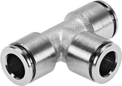 Metallisches T-Stück-Rohrverbindungsstück mit glänzender Oberfläche. Vielseitig einsetzbar in Luft- oder Flüssigkeitssystemen.