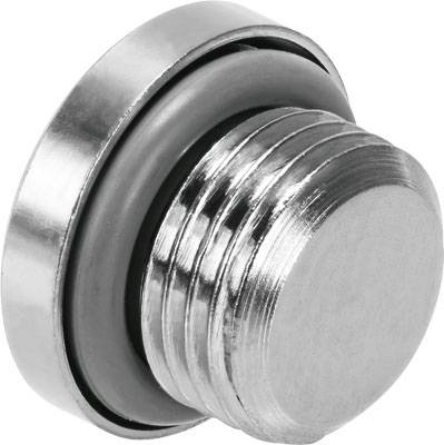 Metallstopfen mit Gewinde und Dichtung; verwendet zur Versiegelung von Öffnungen in Maschinen oder Rohren.