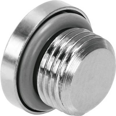 Metallstopfen mit Gewinde und Dichtung; verwendet zur Versiegelung von Öffnungen in Maschinen oder Rohren.