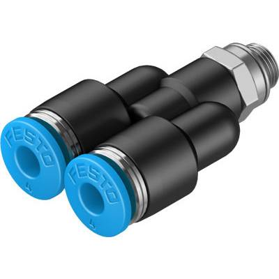 Schwarz-blauer Pneumatikkuppler von Festo mit zwei Anschlüssen, verwendet für Druckluftverbindungen in industriellen Anwendungen.