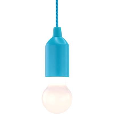 Eine blau ummantelte Glühbirne hängt von der Decke, leuchtet hell und erzeugt warmes Licht.