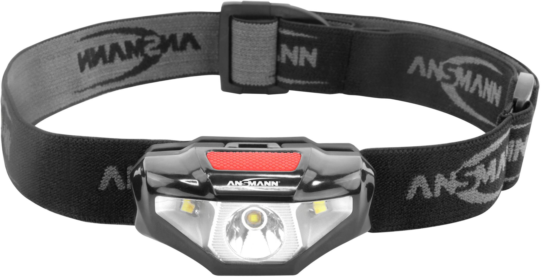 'Stirnlampe mit schwarzem, verstellbarem Band und leuchtendem Lichtmittelpunkt, geeignet für Outdoor-Aktivitäten bei Dunkelheit.'