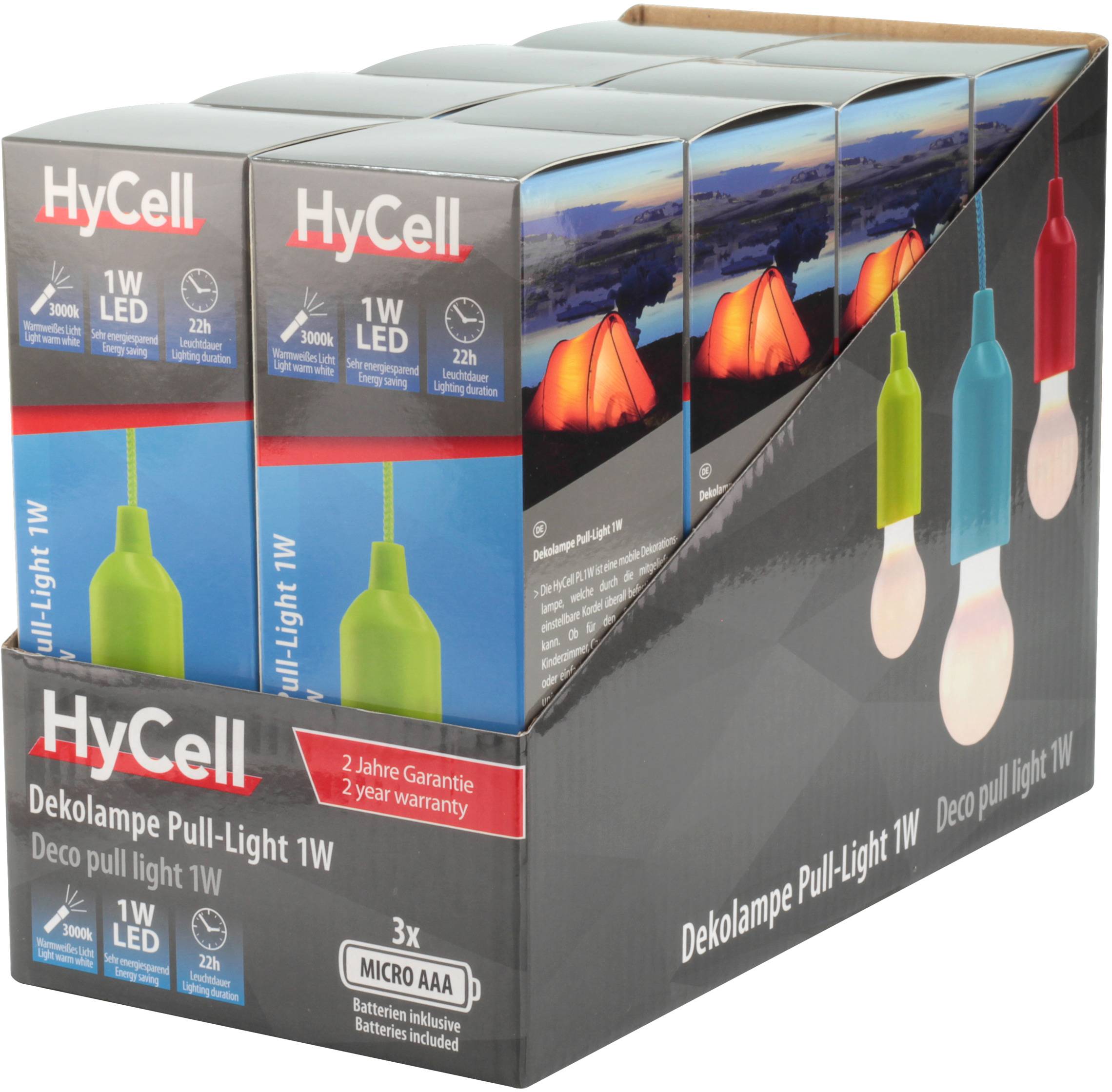 Verpackung zeigt HyCell Dekolampe Pull-Light 1W, 7 Lampen in einer Box. 1W LED, 22 Stunden Laufzeit. Enthält Batterien. 2 Jahre Garantie.