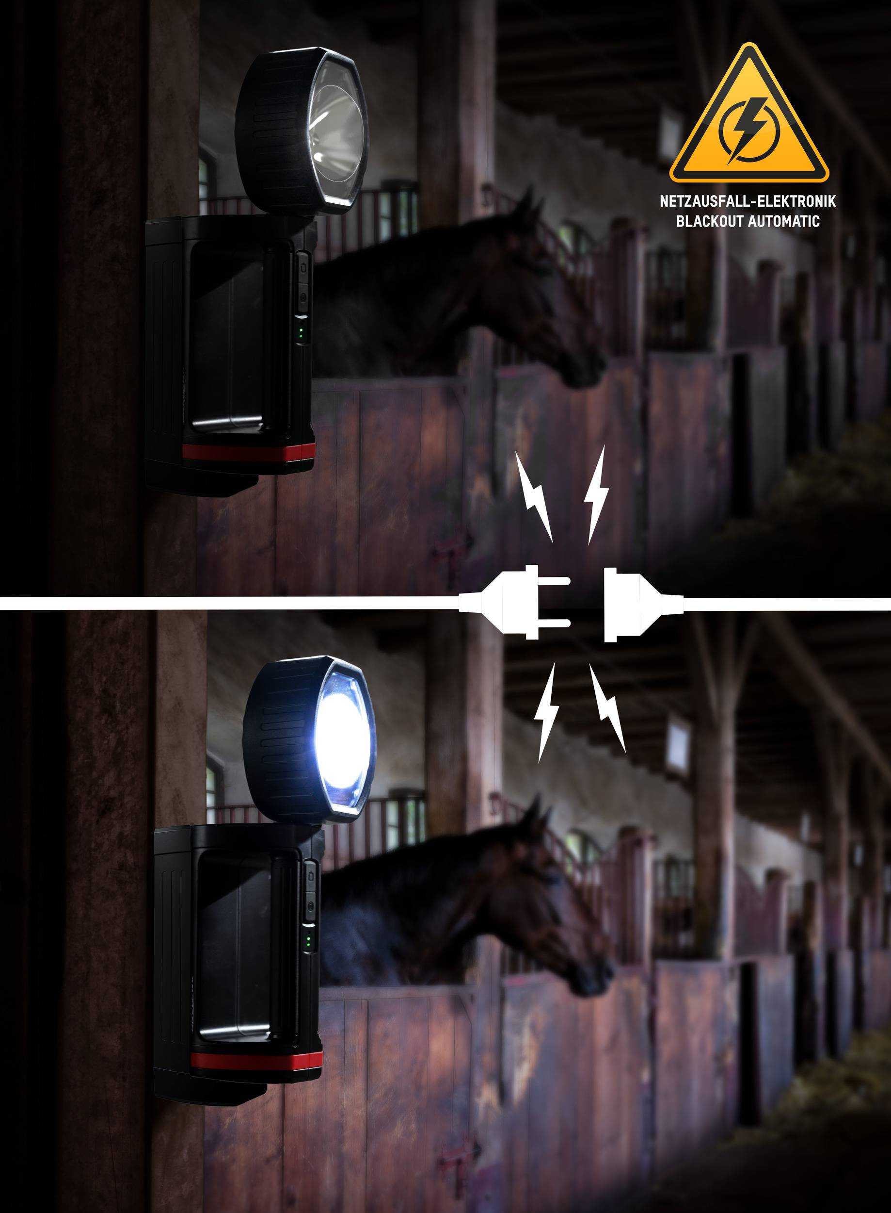 'Oberes Bild: Dunkles Stall mit Pferd, Taschenlampe aus; unteres Bild: Taschenlampe an, beleuchtet Stall; Text: "Netzausfall-Elektronik Blackout Automatik".'