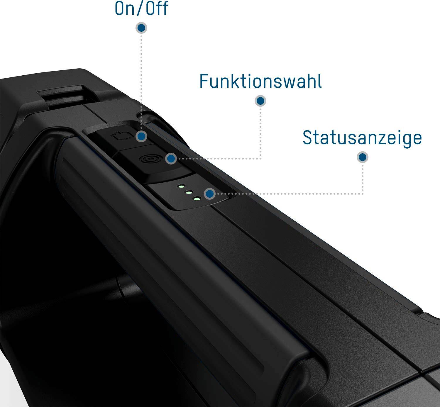 Teil eines elektronischen Geräts mit markierter 'On/Off'-Taste, 'Funktionswahl'-Knopf und 'Statusanzeige'-Lämpchen.