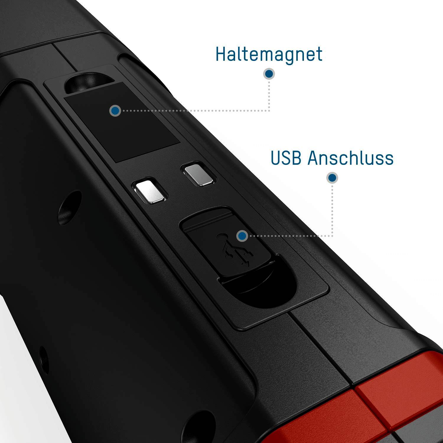 Tragbare Powerbank mit rotem Akzent, zeigt Beschriftungen 'Haltemagnet' und 'USB Anschluss'.
