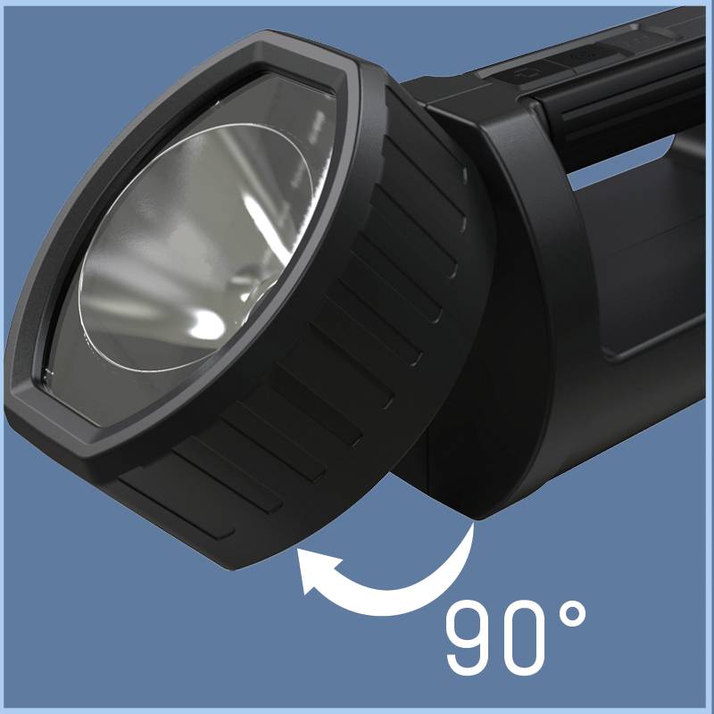 Eine schwarze Taschenlampe auf blauem Hintergrund, Kopf zeigt eine Drehbewegung um 90 Grad an.