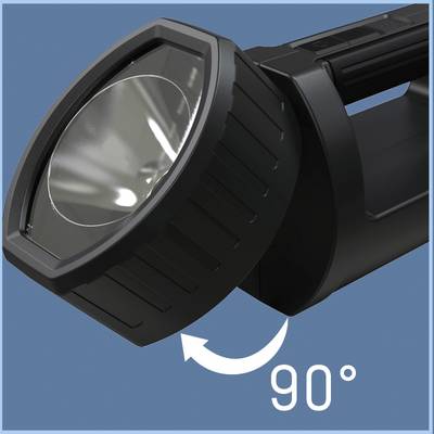 Eine schwarze Taschenlampe auf blauem Hintergrund, Kopf zeigt eine Drehbewegung um 90 Grad an.
