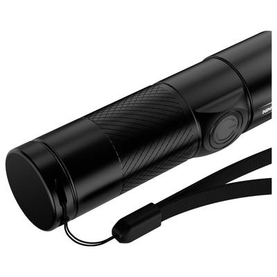 Eine schwarze Taschenlampe mit texturiertem Griff und angebrachter Handschlaufe, liegt horizontal mit Blick auf das Logo.