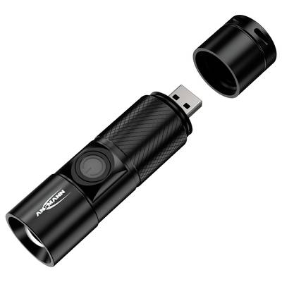 Eine abnehmbare schwarze Taschenlampe mit integriertem USB-Stecker, geöffnet, um Batteriebereich und Ladefunktion zu zeigen.