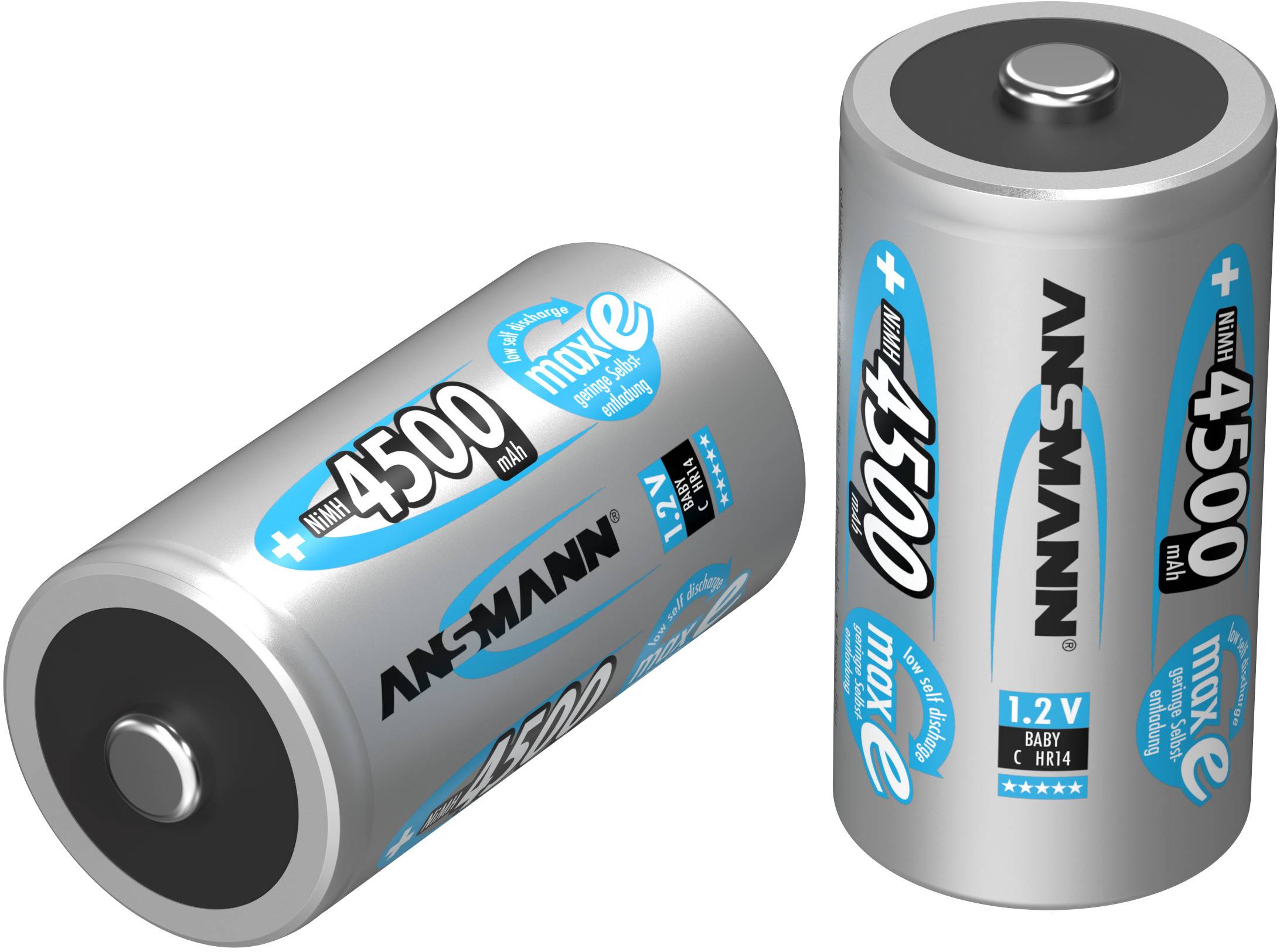 Zwei Batterien der Marke Ansmann, Modell 4500 mAh, aufrecht und liegend, mit blauer Beschriftung und 1,2 Volt angegeben.
