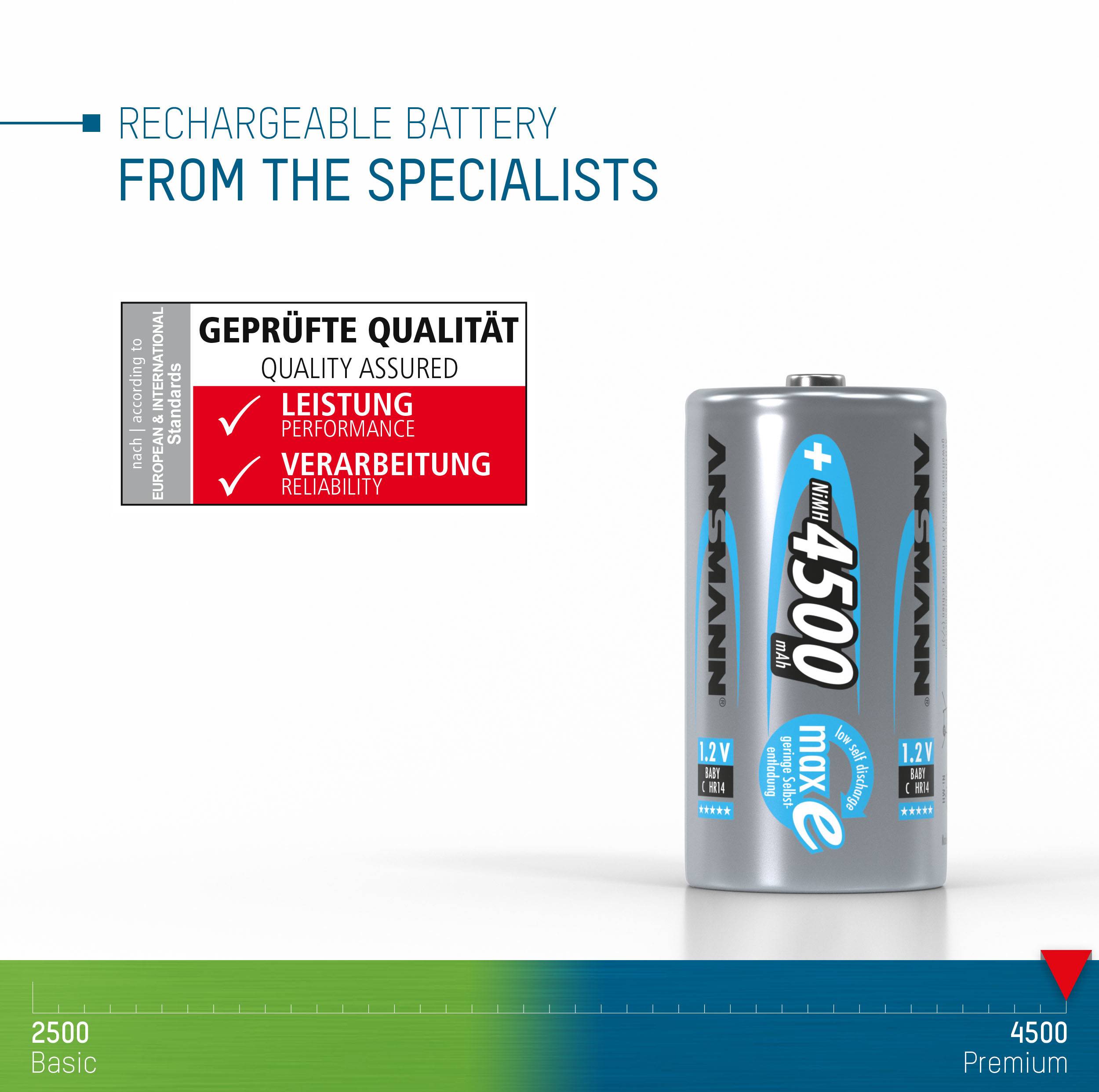 Wiederaufladbare 4500 mAh Batterie von Ansmann, hervorgehoben mit Qualitätsprüfsiegel für Leistung und Zuverlässigkeit.
