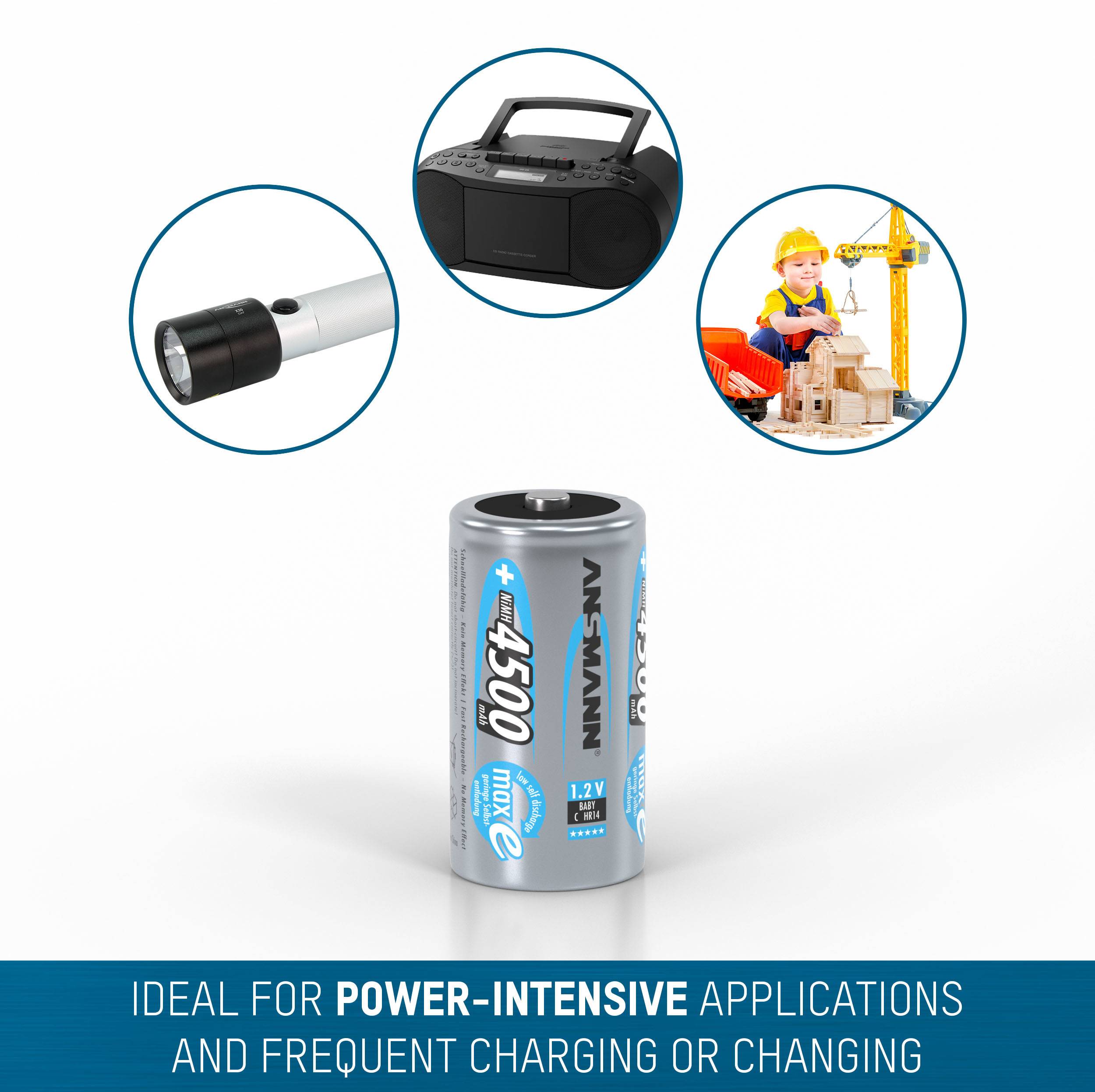 'Batterie mit hoher Kapazität, ideal für leistungsintensive Anwendungen. Abgebildet ist auch eine Taschenlampe und ein Spielzeugbauarbeiter.'