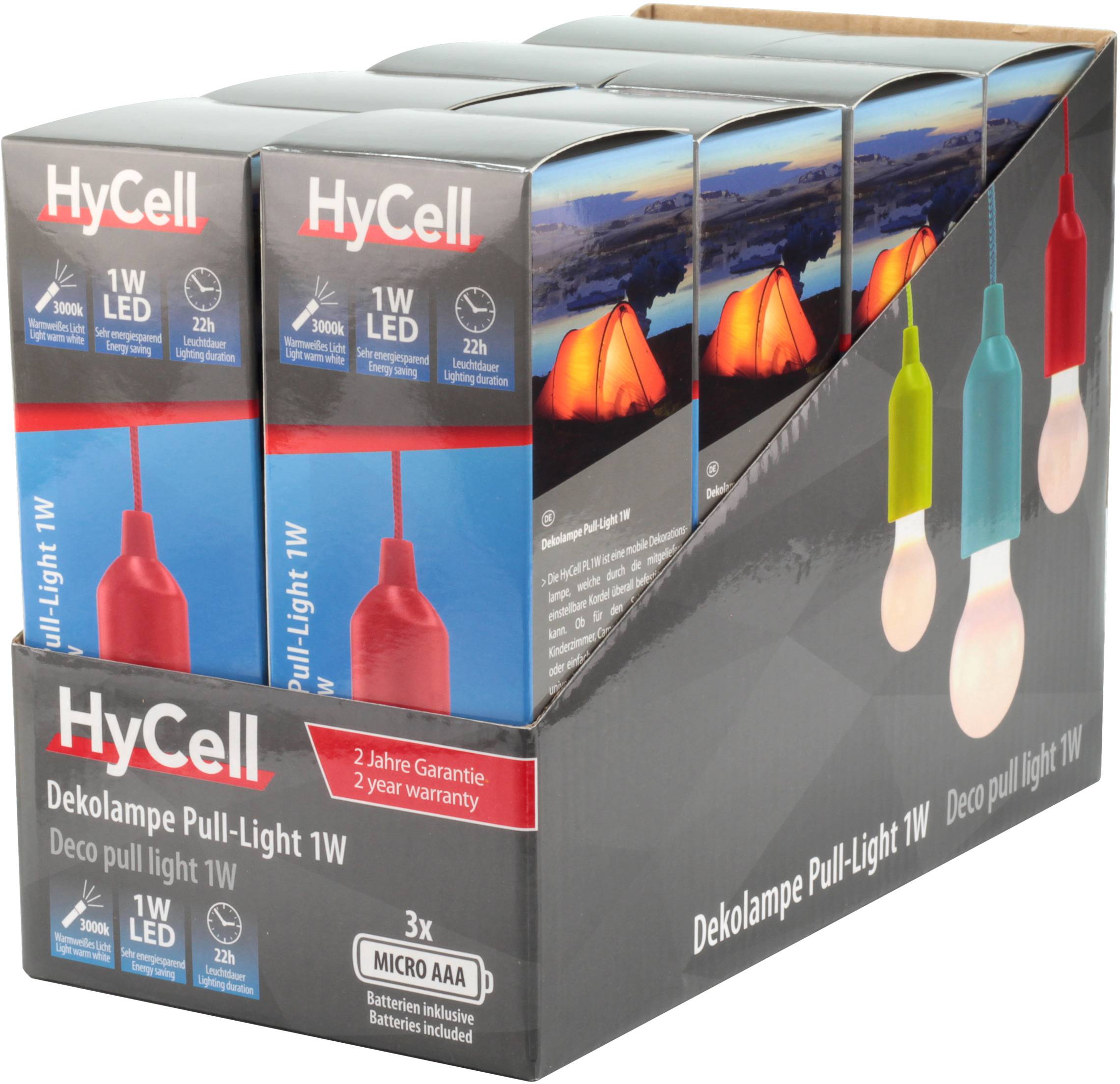 Verpackung mit sechs HyCell Dekolampen, 1W LED, in verschiedenen Farben. Geeignet für Innen- und Außeneinsatz. 2 Jahre Garantie.