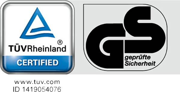 Das Bild zeigt das 'TÜV Rheinland CERTIFIED'-Logo neben dem 'GS geprüfte Sicherheit'-Logo. Darunter stehen die Website 'www.tuv.com' und die ID '1419054076'.