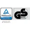 Das Bild zeigt das 'TÜV Rheinland CERTIFIED'-Logo neben dem 'GS geprüfte Sicherheit'-Logo. Darunter stehen die Website 'www.tuv.com' und die ID '1419054076'.