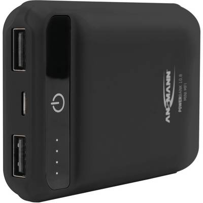 Schwarze Powerbank mit Logoschriftzug. Zwei USB-Anschlüsse, ein Micro-USB-Anschluss, ein Power-Button und vier Ladeindikatorleuchten.
