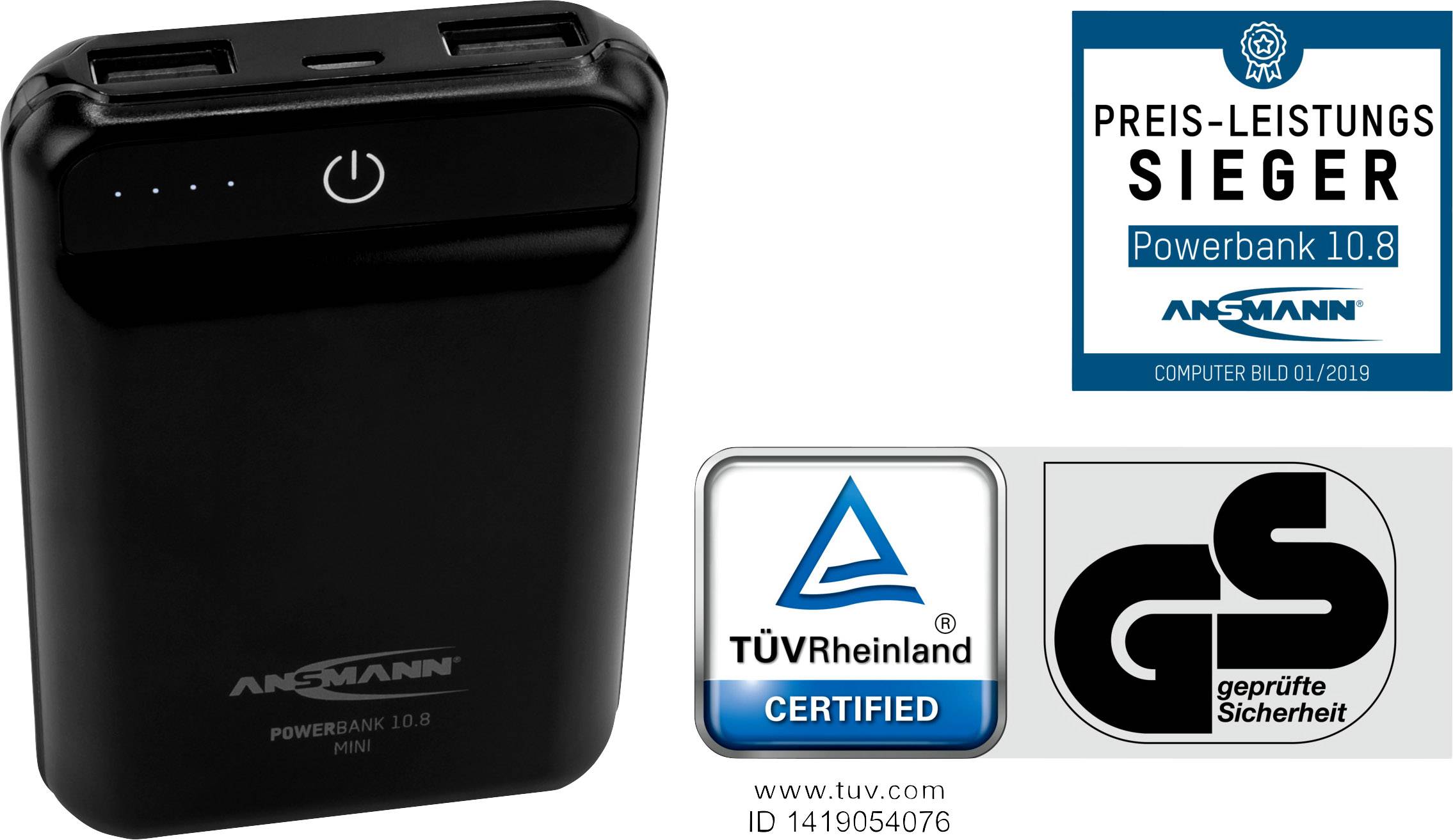 Schwarze Powerbank mit "ANSMANN" Aufschrift, Links Prüfzeichen: TÜV zertifiziert, GS geprüft. Rechts Text: 'PREIS-LEISTUNGS SIEGER'.