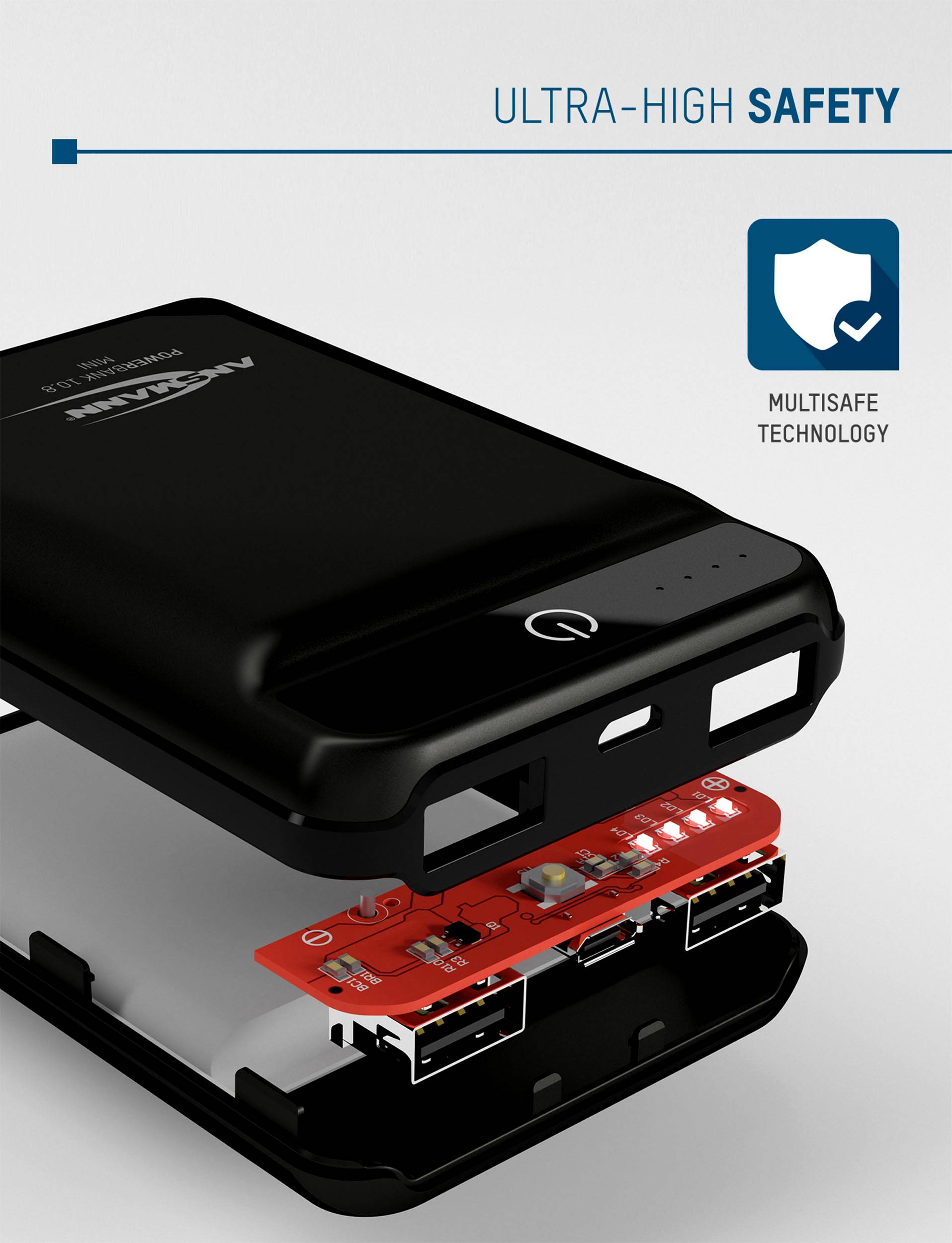 'Abbildung eines geöffneten schwarzen Powerbanks mit roter Leiterplatte, Text: ULTRA-HIGH SAFETY, Symbol für Sicherheit, MULTISAFE TECHNOLOGY.'