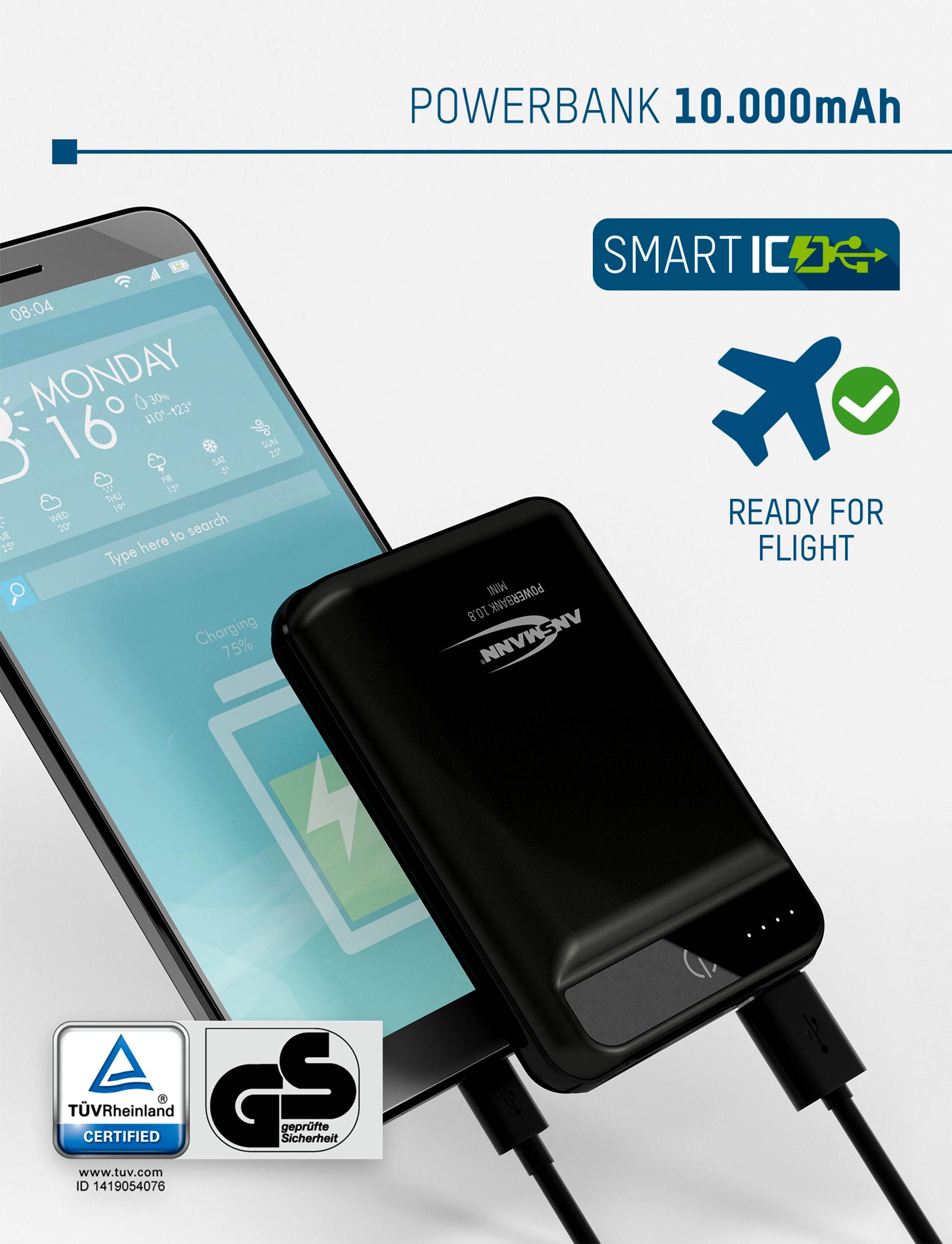 'Powerbank mit 10.000mAh Kapazität für Flugreisen geeignet. TÜV Rheinland zertifiziert. Smartphone zeigt Ladeanzeige.'