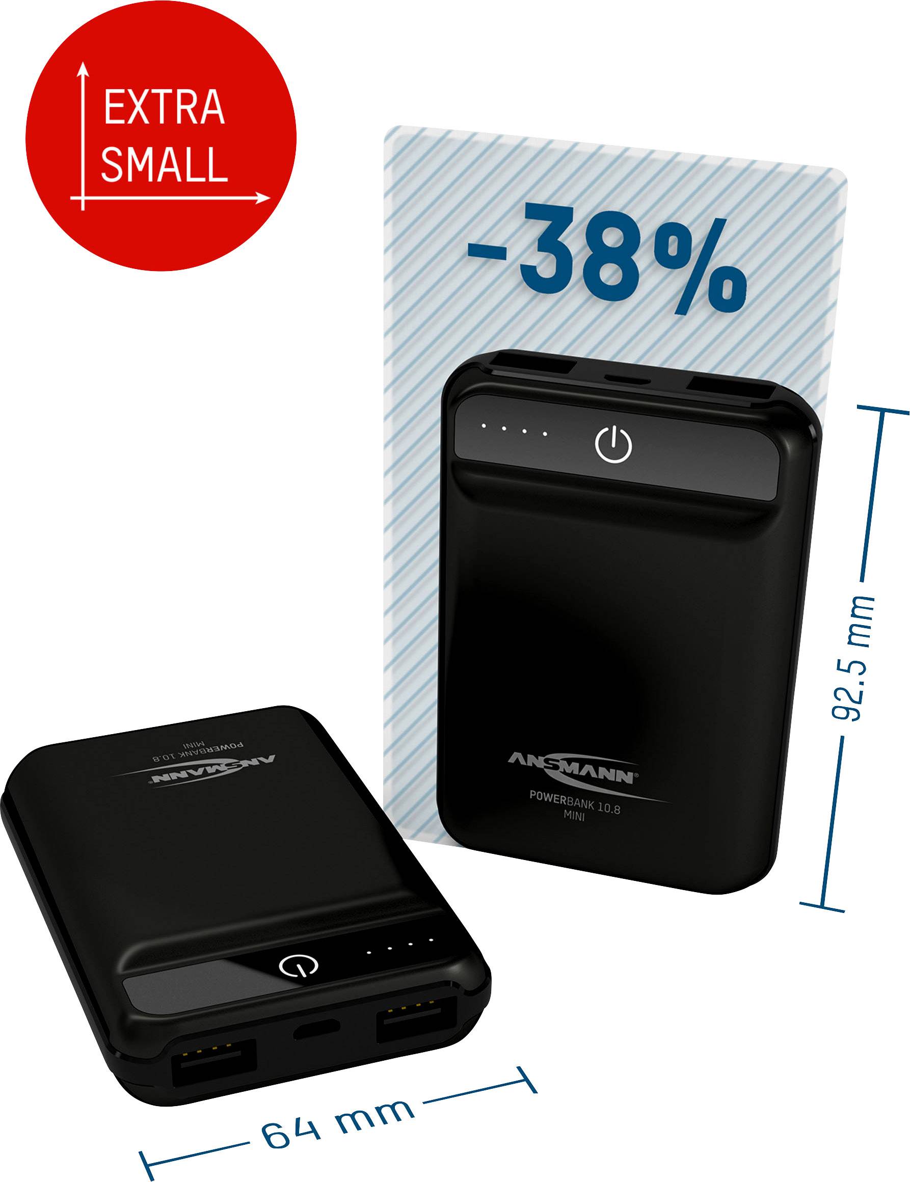 Tragbare Powerbank von Ansmann, kompakte Größe: 64 mm Breite, 92,5 mm Höhe. 'Extra Small' markiert; 38% kleiner als herkömmlich.
