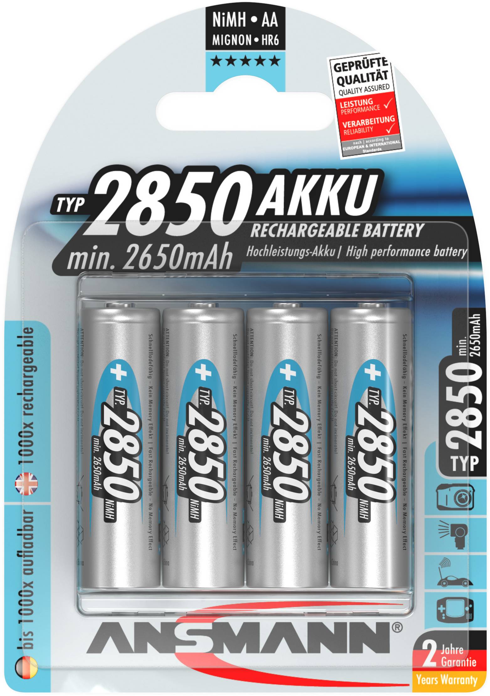 'Ansmann 2850 Akku', NiMH AA Batterien, 4er-Packung, wiederaufladbar, Leistung: min. 2650mAh, 1000x aufladbar, 2 Jahre Garantie.