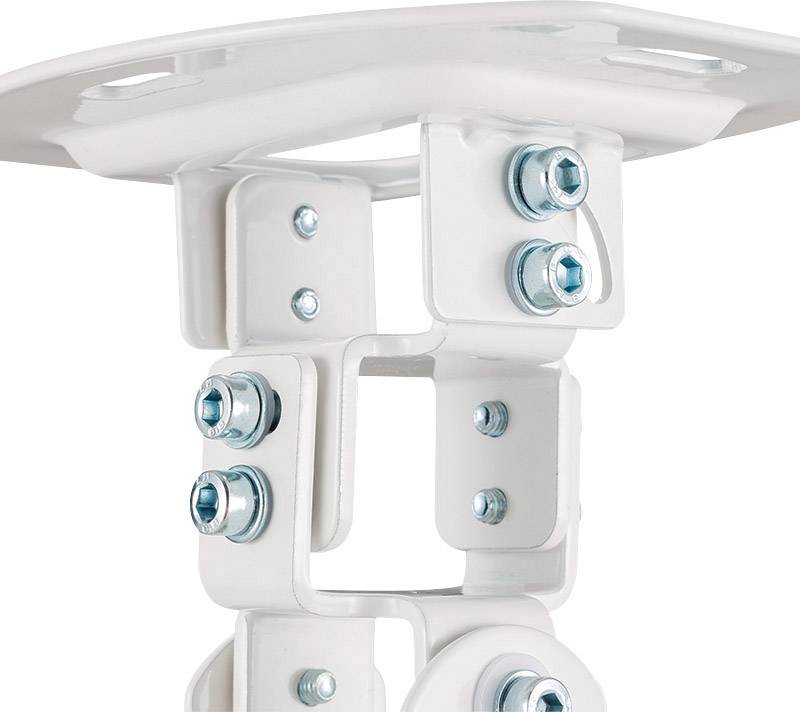 Weißer, robuster Halterung aus Metall mit mehreren Schrauben, geeignet zur Befestigung schwerer Gegenstände an Decken oder Wänden.