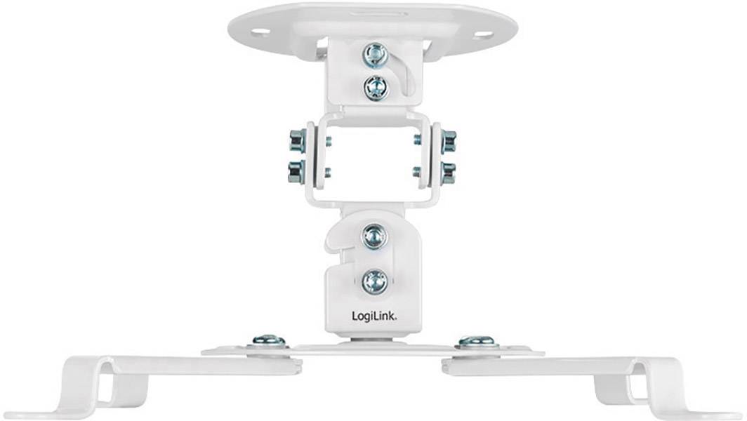 Ein weißer LogiLink-Projektorhalter aus Metall mit blauen Befestigungsschrauben, geeignet für die Deckenmontage von Projektoren.