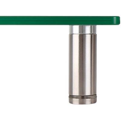 Nahaufnahme eines Metallzylinders, der eine grüne Glasplatte stützt. Die Struktur zeigt modernes Design in klaren Formen und Materialien.