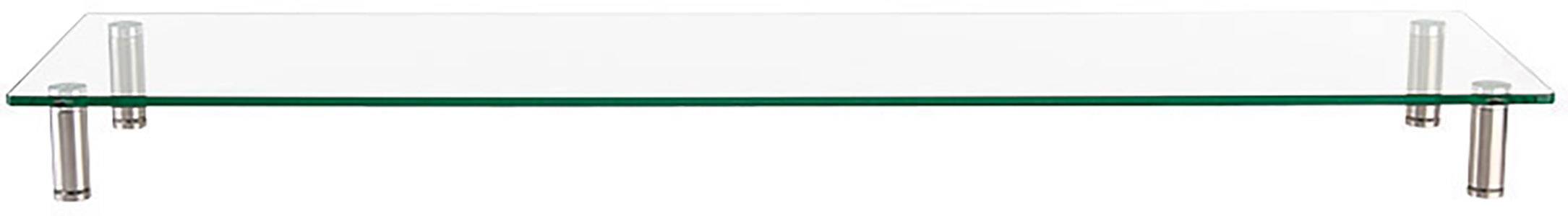 Klare Glasplatte mit vier silbernen Metallbeinen. Wird oft als Monitorständer oder Ablagefläche verwendet.