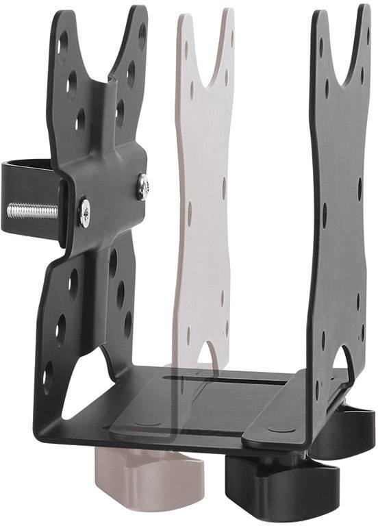 Schwarze und rosafarbene TV-Halterung aus Metall. Zeigt Befestigungswinkel und Schraubenlöcher für die Wandmontage.