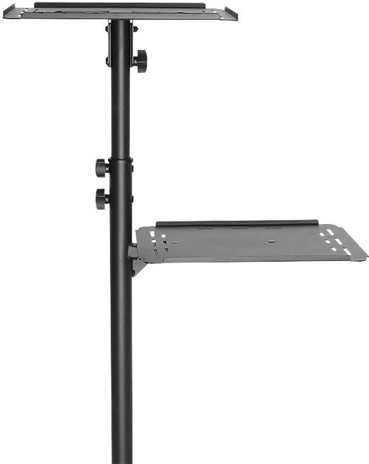 Ein verstellbarer, schwarzer Ständer mit zwei Plattformen auf unterschiedlicher Höhe zur Unterstützung von Geräten oder Lautsprechern.