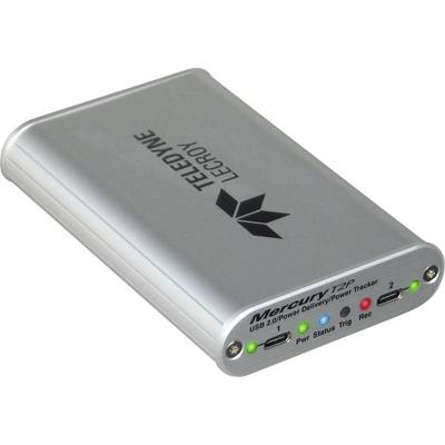 Ein silbernes USB 2.0/Power Delivery Power Tracker-Gerät von Teledyne LeCroy mit Statusanzeigen für Strom, Status, Trigger und Aufnahme.